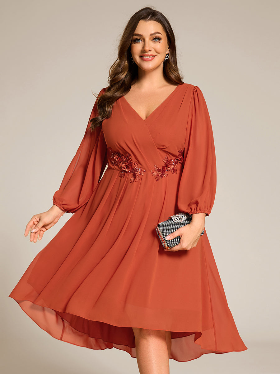 Color=Burnt Orange | Plus Size Elegant Lantern Sleeve Applique Empire Waist Midi-Length Chiffon Evening Dresses with Asymmetrical Hem-Burnt Orange 6