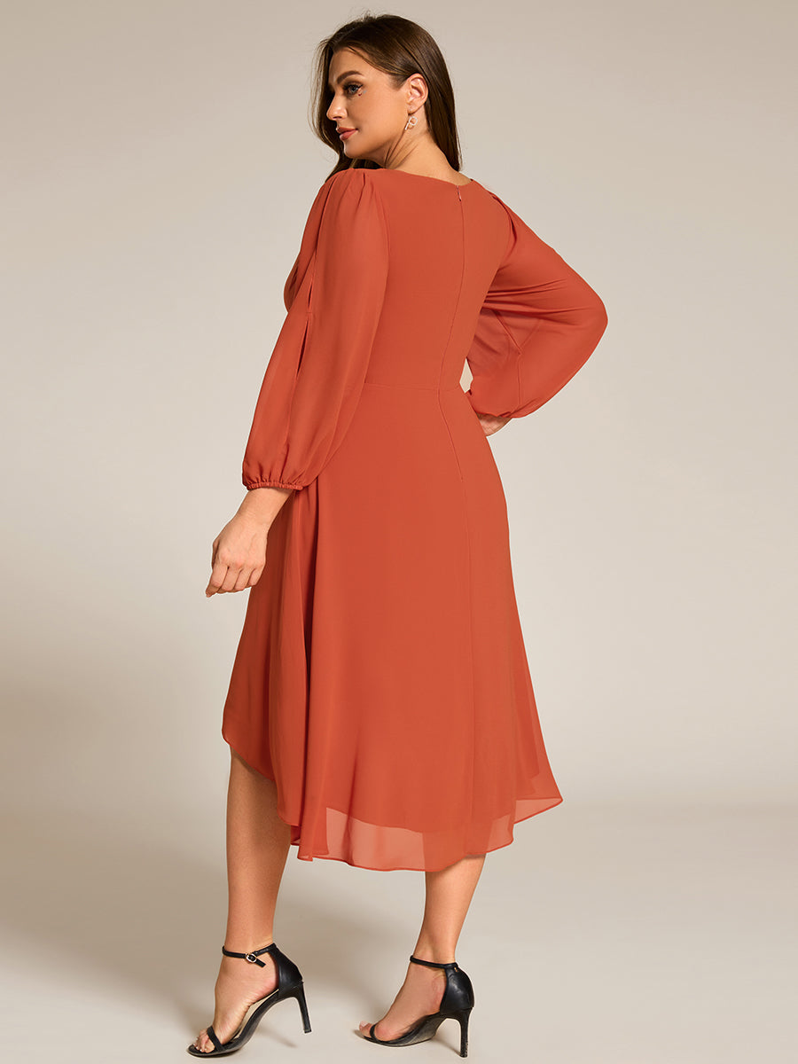 Color=Burnt Orange | Plus Size Elegant Lantern Sleeve Applique Empire Waist Midi-Length Chiffon Evening Dresses with Asymmetrical Hem-Burnt Orange 7