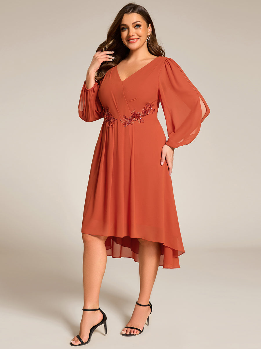 Color=Burnt Orange | Plus Size Elegant Lantern Sleeve Applique Empire Waist Midi-Length Chiffon Evening Dresses with Asymmetrical Hem-Burnt Orange 8