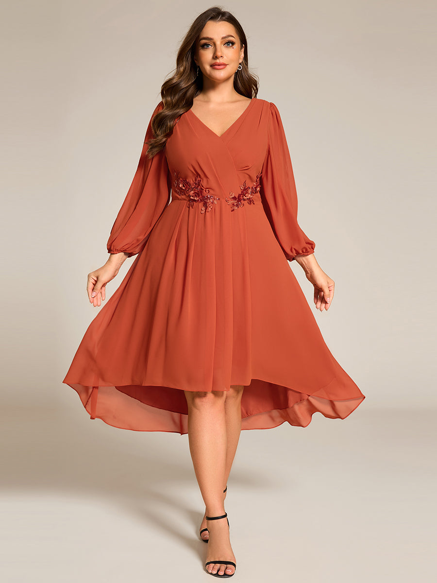 Color=Burnt Orange | Plus Size Elegant Lantern Sleeve Applique Empire Waist Midi-Length Chiffon Evening Dresses with Asymmetrical Hem-Burnt Orange 9