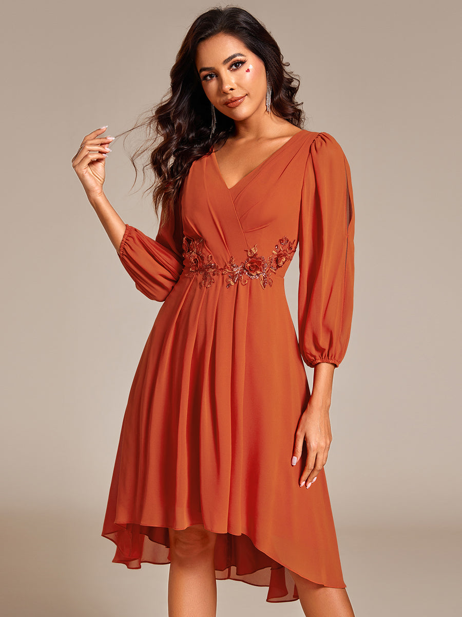 Color=Burnt Orange | Elegant Lantern Sleeve Applique Empire Waist Midi-Length Chiffon Evening Dresses with Asymmetrical Hem-Burnt Orange 8