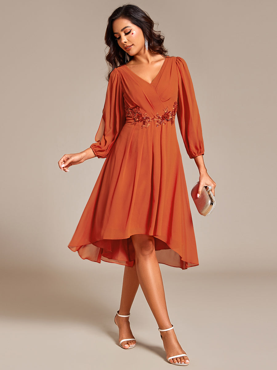 Color=Burnt Orange | Elegant Lantern Sleeve Applique Empire Waist Midi-Length Chiffon Evening Dresses with Asymmetrical Hem-Burnt Orange 9