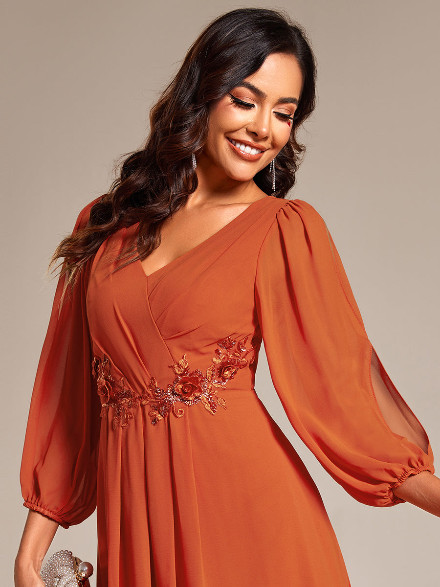 Color=Burnt Orange | Elegant Lantern Sleeve Applique Empire Waist Midi-Length Chiffon Evening Dresses with Asymmetrical Hem-Burnt Orange 10