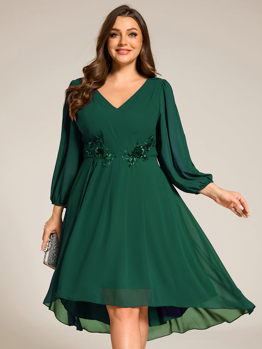 Color=Dark Green | Plus Size Elegant Lantern Sleeve Applique Empire Waist Midi-Length Chiffon Evening Dresses with Asymmetrical Hem-Dark Green 11