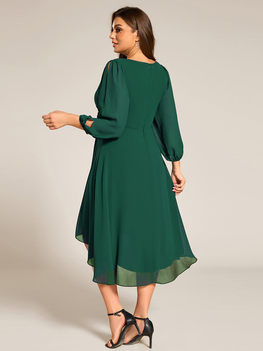 Color=Dark Green | Plus Size Elegant Lantern Sleeve Applique Empire Waist Midi-Length Chiffon Evening Dresses with Asymmetrical Hem-Dark Green 12