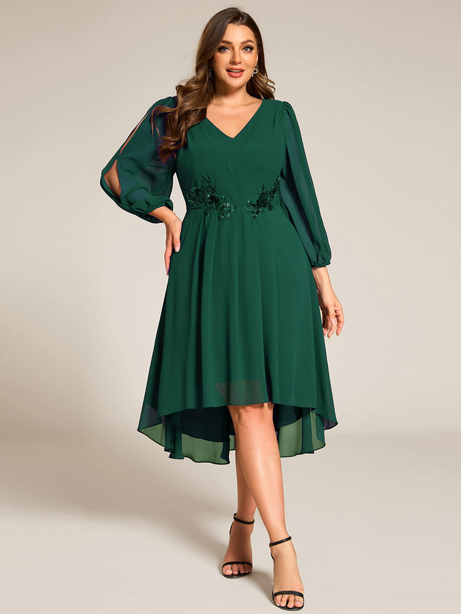 Color=Dark Green | Plus Size Elegant Lantern Sleeve Applique Empire Waist Midi-Length Chiffon Evening Dresses with Asymmetrical Hem-Dark Green 13