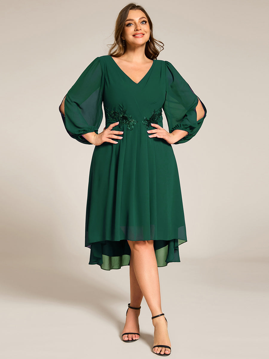 Color=Dark Green | Plus Size Elegant Lantern Sleeve Applique Empire Waist Midi-Length Chiffon Evening Dresses with Asymmetrical Hem-Dark Green 14