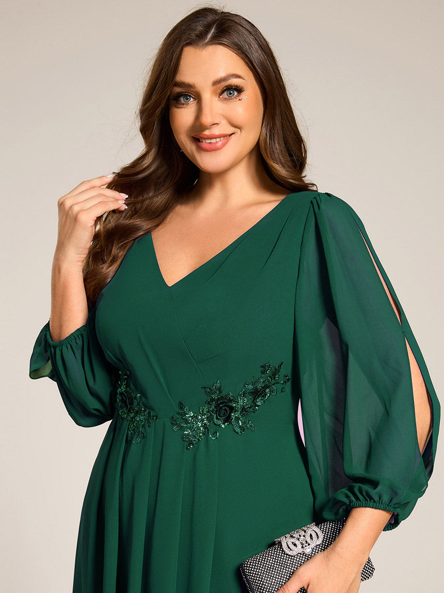 Color=Dark Green | Plus Size Elegant Lantern Sleeve Applique Empire Waist Midi-Length Chiffon Evening Dresses with Asymmetrical Hem-Dark Green 15