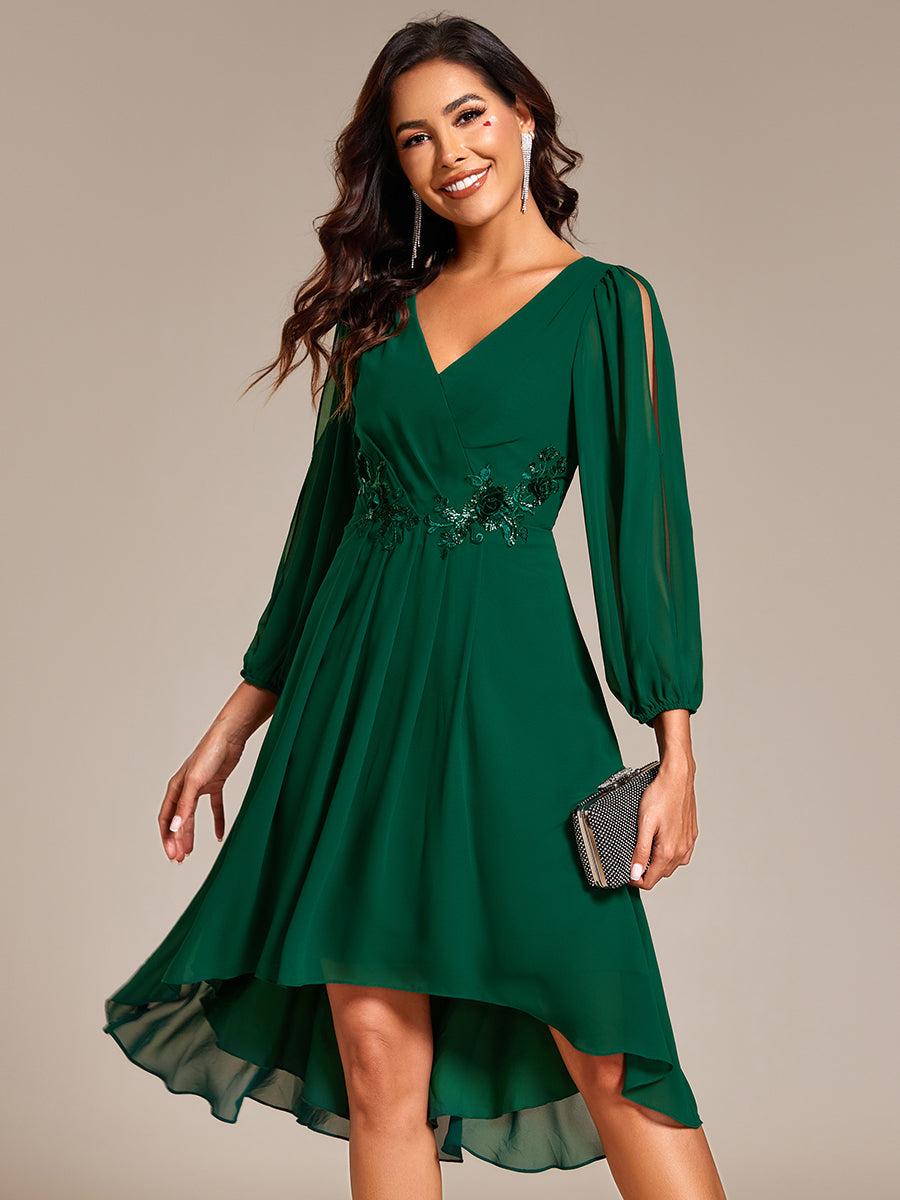 Color=Dark Green | Elegant Lantern Sleeve Applique Empire Waist Midi-Length Chiffon Evening Dresses with Asymmetrical Hem-Dark Green 11