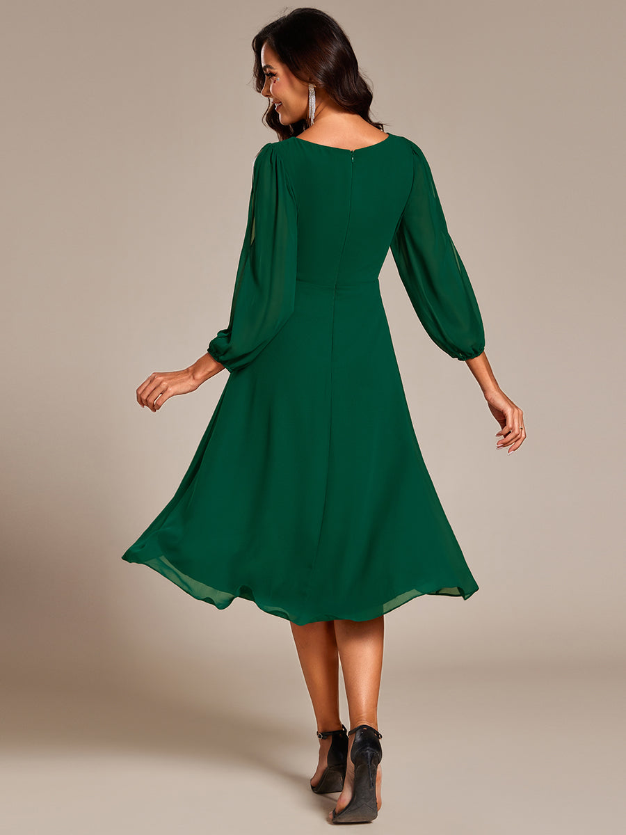 Color=Dark Green | Elegant Lantern Sleeve Applique Empire Waist Midi-Length Chiffon Evening Dresses with Asymmetrical Hem-Dark Green 12