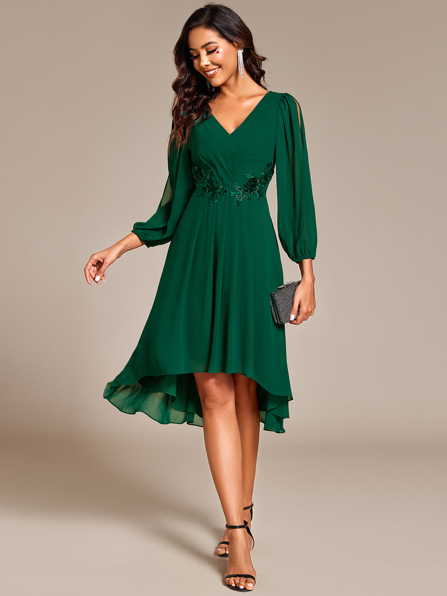 Color=Dark Green | Elegant Lantern Sleeve Applique Empire Waist Midi-Length Chiffon Evening Dresses with Asymmetrical Hem-Dark Green 13