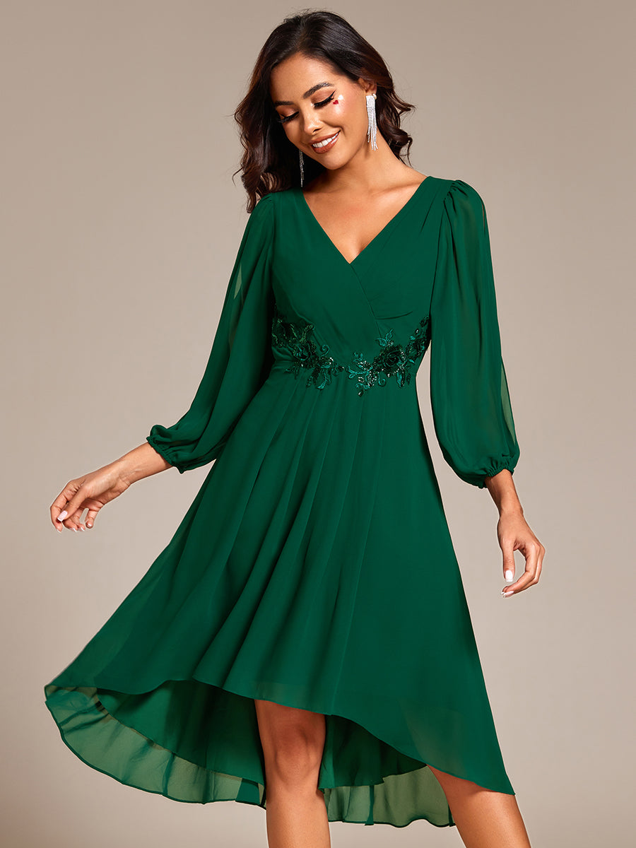 Color=Dark Green | Elegant Lantern Sleeve Applique Empire Waist Midi-Length Chiffon Evening Dresses with Asymmetrical Hem-Dark Green 14