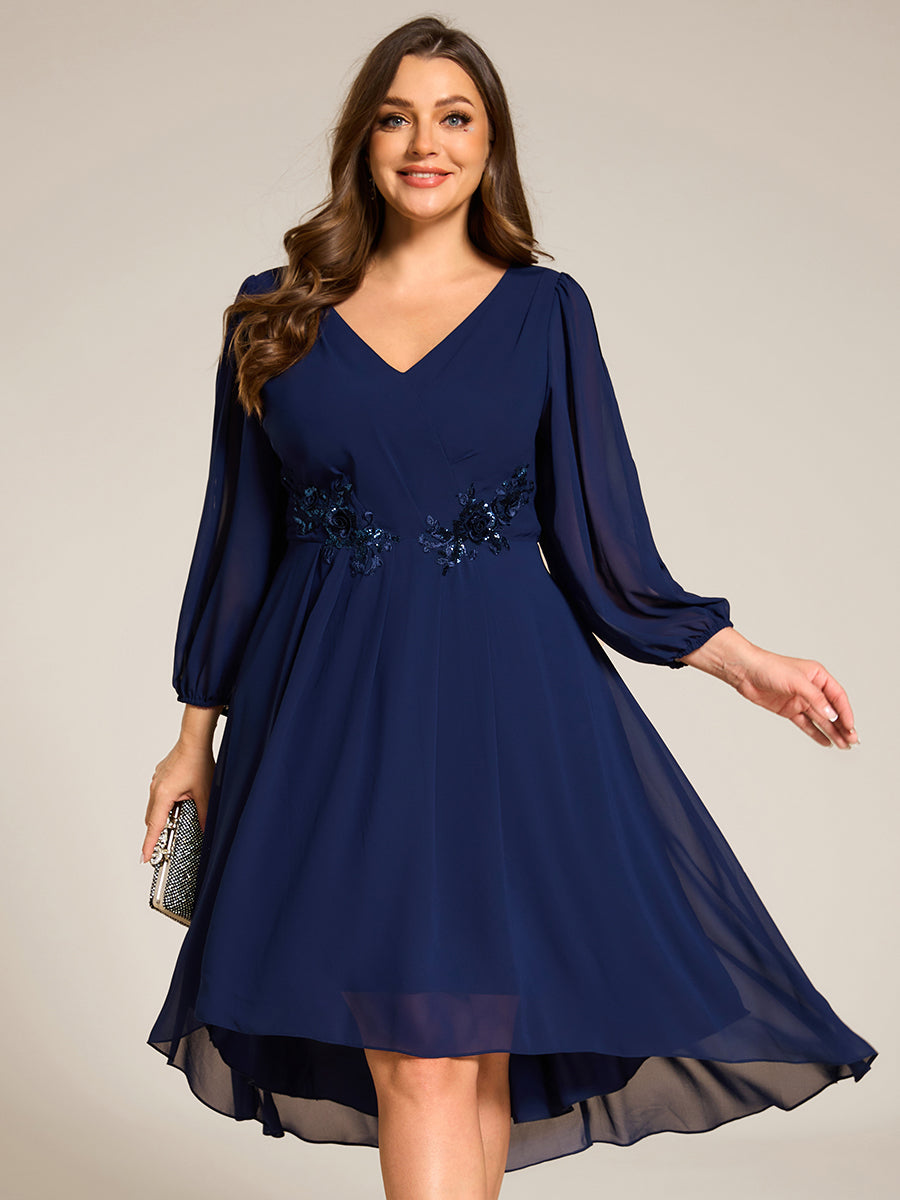 Color=Navy Blue | Plus Size Elegant Lantern Sleeve Applique Empire Waist Midi-Length Chiffon Evening Dresses with Asymmetrical Hem-Navy Blue 16