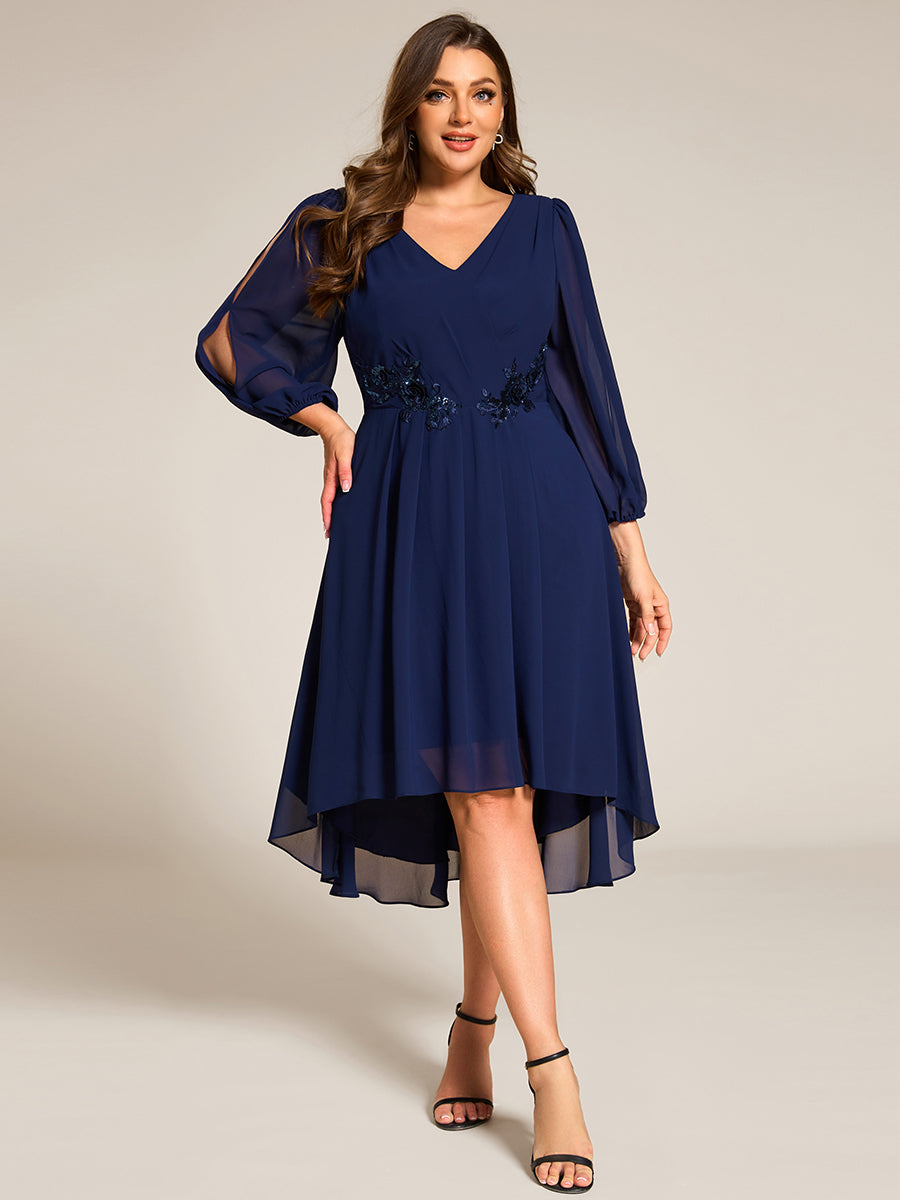 Color=Navy Blue | Plus Size Elegant Lantern Sleeve Applique Empire Waist Midi-Length Chiffon Evening Dresses with Asymmetrical Hem-Navy Blue 18