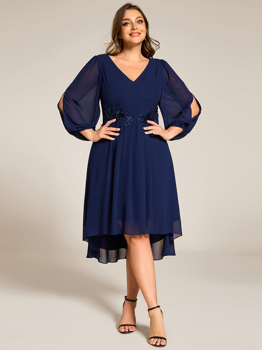 Color=Navy Blue | Plus Size Elegant Lantern Sleeve Applique Empire Waist Midi-Length Chiffon Evening Dresses with Asymmetrical Hem-Navy Blue 19