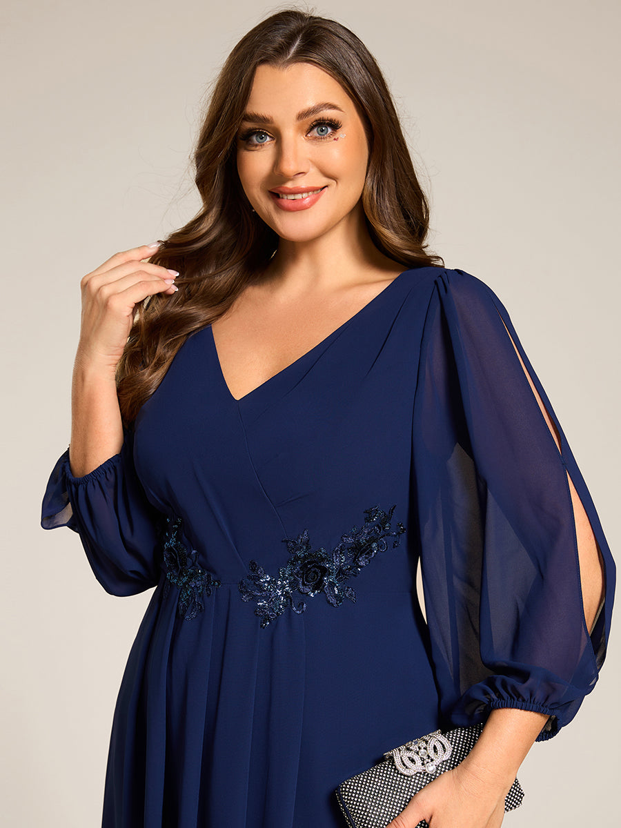 Color=Navy Blue | Plus Size Elegant Lantern Sleeve Applique Empire Waist Midi-Length Chiffon Evening Dresses with Asymmetrical Hem-Navy Blue 20