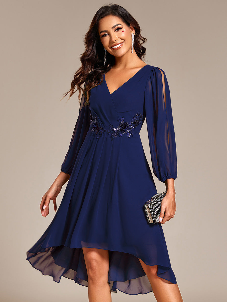 Color=Navy Blue | Elegant Lantern Sleeve Applique Empire Waist Midi-Length Chiffon Evening Dresses with Asymmetrical Hem-Navy Blue 16