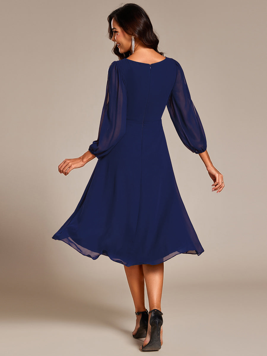 Color=Navy Blue | Elegant Lantern Sleeve Applique Empire Waist Midi-Length Chiffon Evening Dresses with Asymmetrical Hem-Navy Blue 17