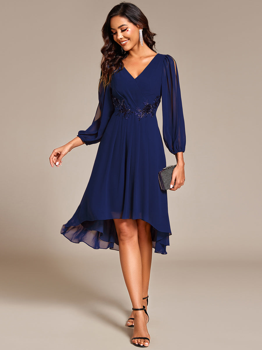 Color=Navy Blue | Elegant Lantern Sleeve Applique Empire Waist Midi-Length Chiffon Evening Dresses with Asymmetrical Hem-Navy Blue 18