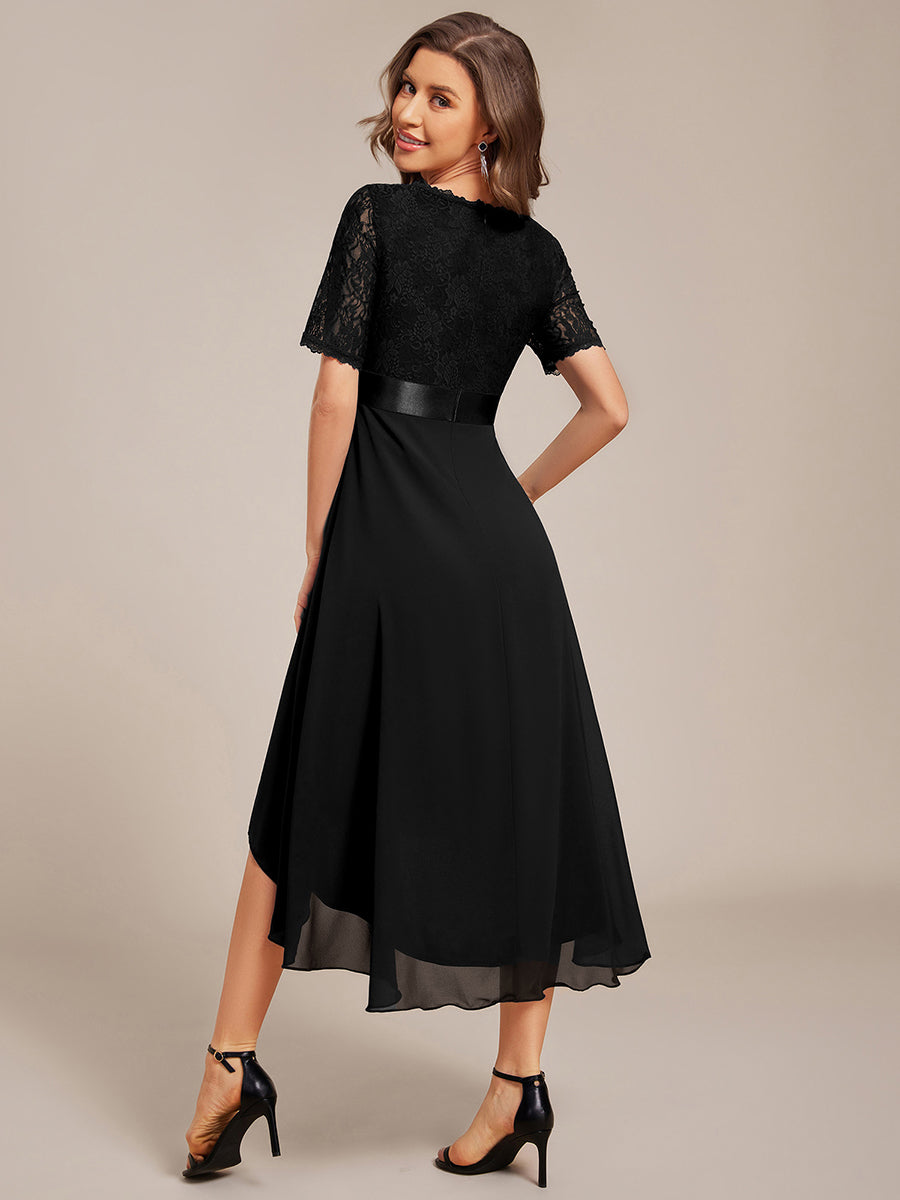 Color=Black | Embroidery Contrast Chiffon Wedding Guest Dresses with Asymmetrical Hem-Black 2