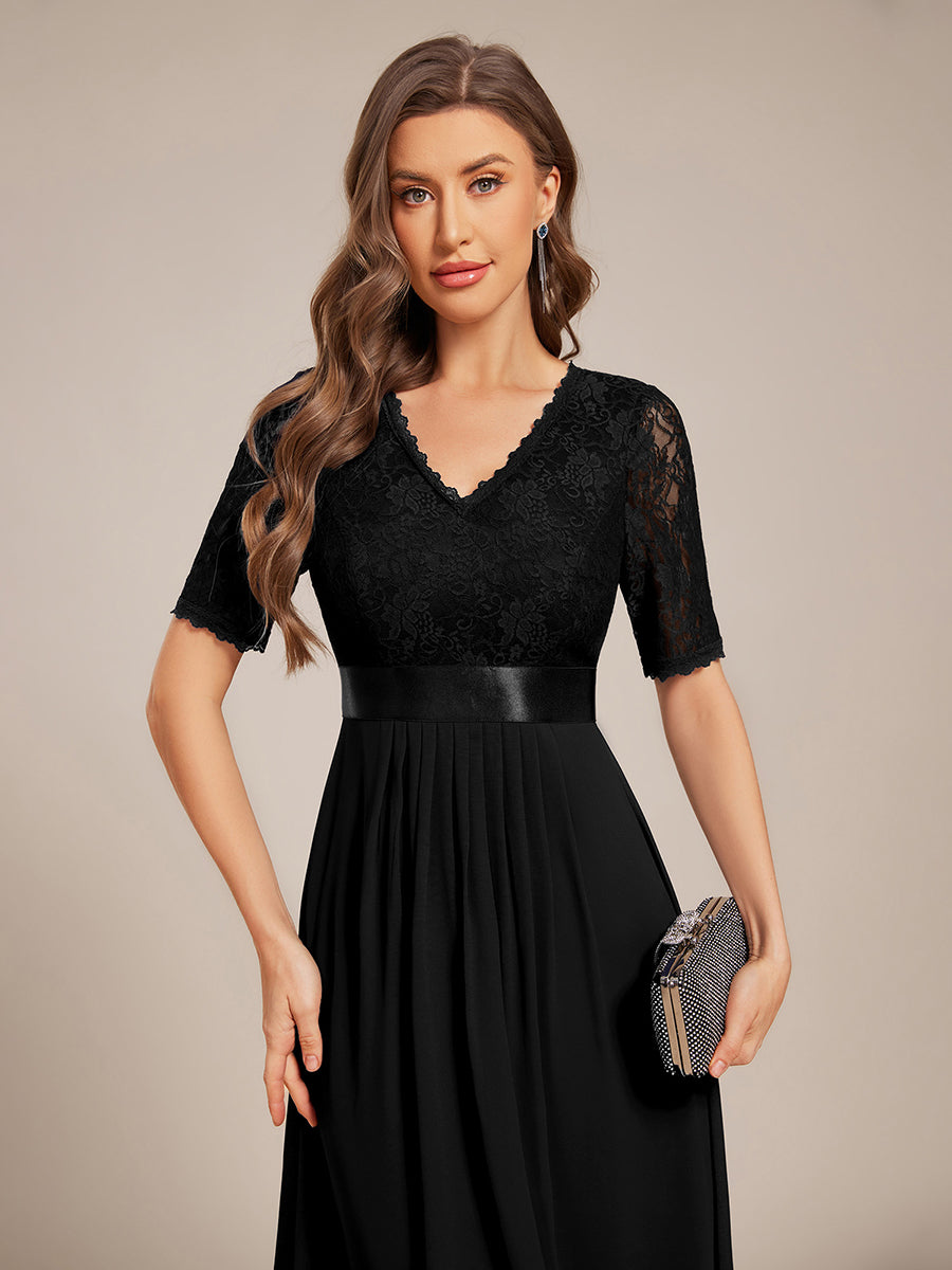 Color=Black | Embroidery Contrast Chiffon Wedding Guest Dresses with Asymmetrical Hem-Black 3