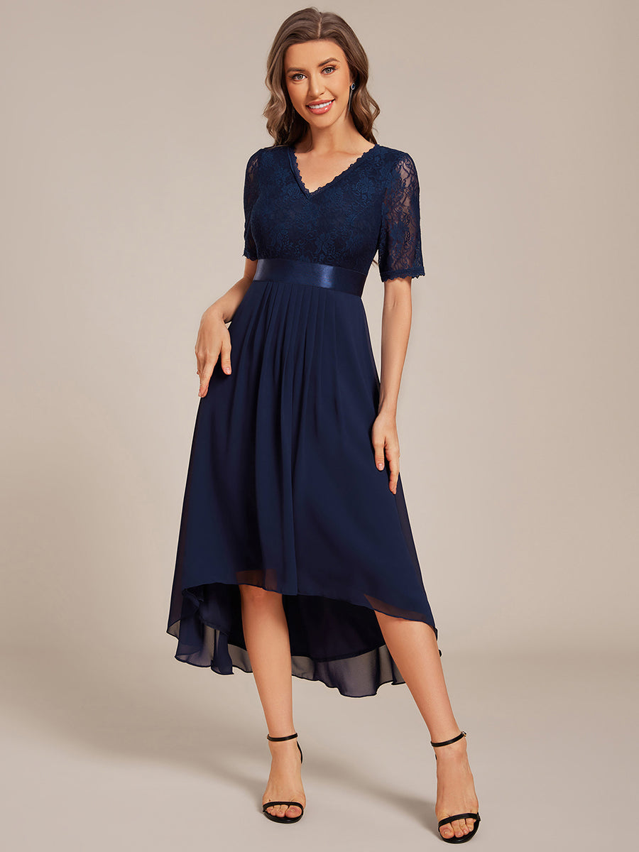 Color=Navy Blue | Embroidery Contrast Chiffon Wedding Guest Dresses with Asymmetrical Hem-Navy Blue 6