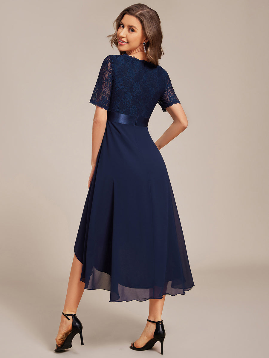 Color=Navy Blue | Embroidery Contrast Chiffon Wedding Guest Dresses with Asymmetrical Hem-Navy Blue 7