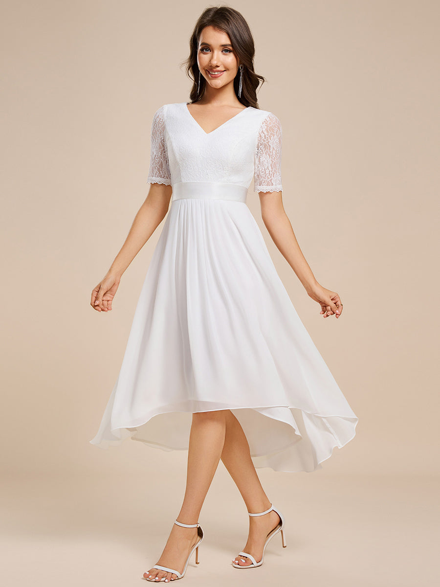 Color=White | Embroidery Contrast Chiffon Wedding Guest Dresses with Asymmetrical Hem-White 11