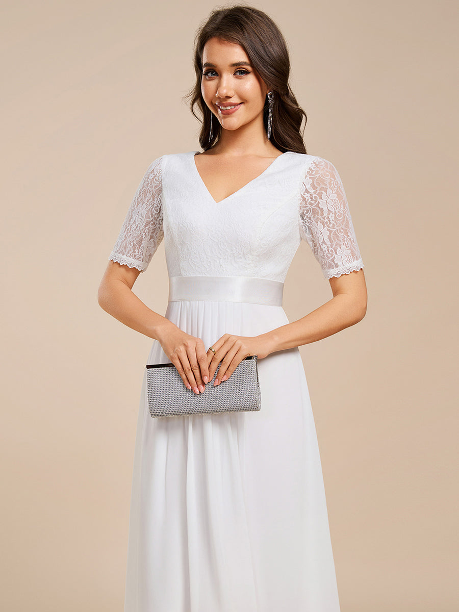 Color=White | Embroidery Contrast Chiffon Wedding Guest Dresses with Asymmetrical Hem-White 13