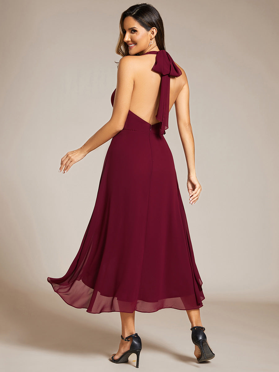 Color=Burgundy | Elegant Halter Neckline Bowknot Sleeveless Chiffon Dresses with Asymmetrical Hem-Burgundy 2