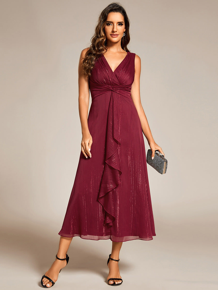 Color=Burgundy | Elegant Shimmer Deep V Neck Empire Waist Kink Design Chiffon Dresses Tea length Lining Wedding Guest Dress-Burgundy 1