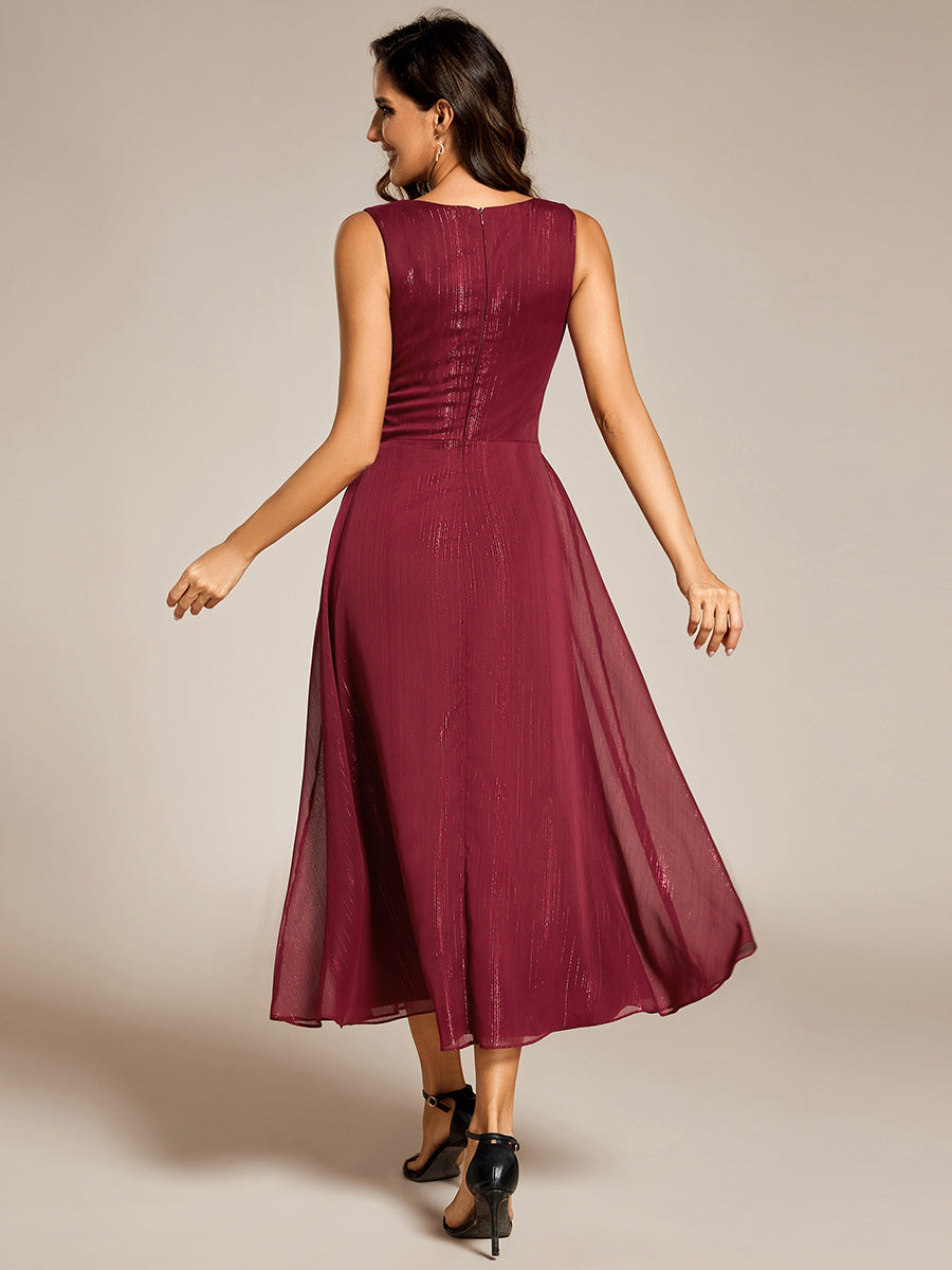 Color=Burgundy | Elegant Shimmer Deep V Neck Empire Waist Kink Design Chiffon Dresses Tea length Lining Wedding Guest Dress-Burgundy 2