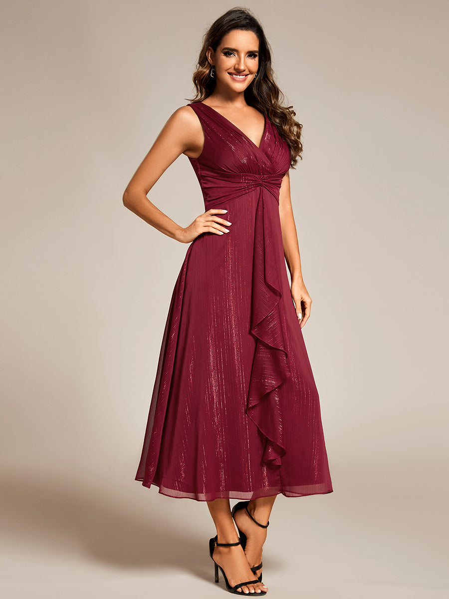 Color=Burgundy | Elegant Shimmer Deep V Neck Empire Waist Kink Design Chiffon Dresses Tea length Lining Wedding Guest Dress-Burgundy 3