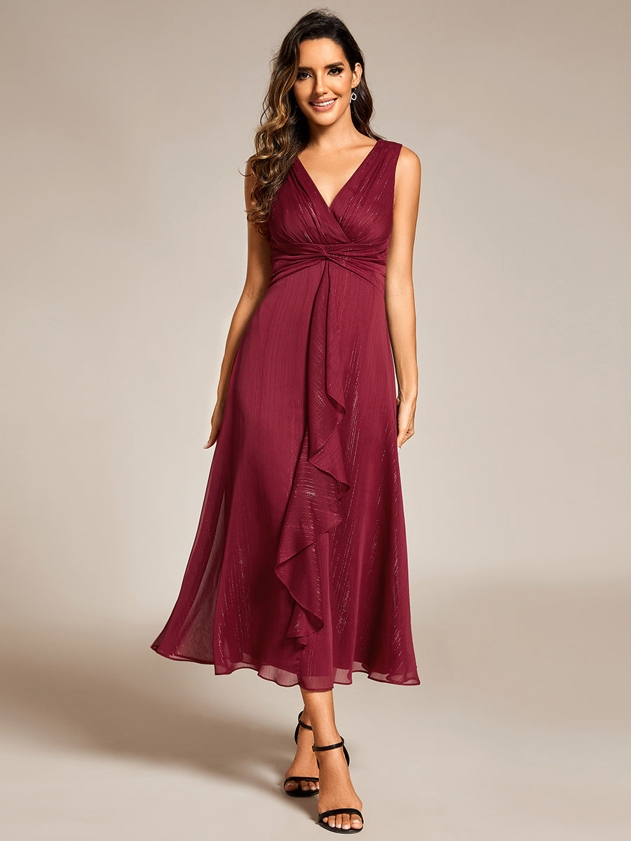 Color=Burgundy | Elegant Shimmer Deep V Neck Empire Waist Kink Design Chiffon Dresses Tea length Lining Wedding Guest Dress-Burgundy 4