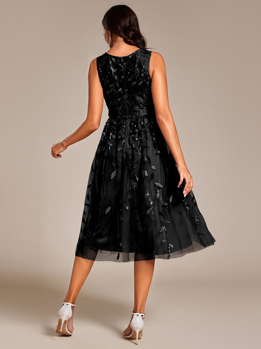 Color=Black | Exquisite Round Neckline Sleeveless Tulle Sequin Lining Dresses with Jacquard decoration -Black 18