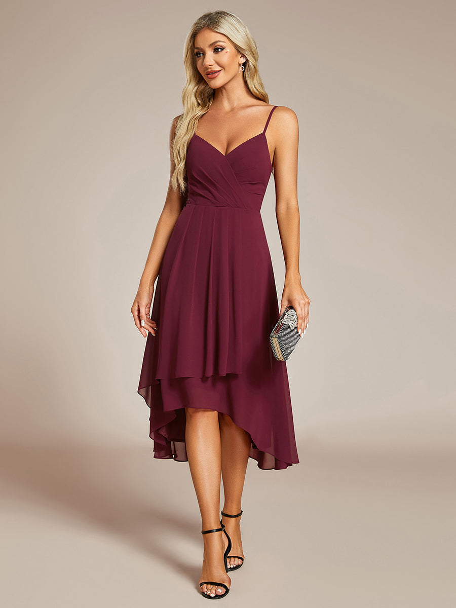 Color=Burgundy | Elegant A-Line Spaghetti Straps Empire Waist Asymmetrical Hem Chiffon Dresses with Pleated decoration-Burgundy 4