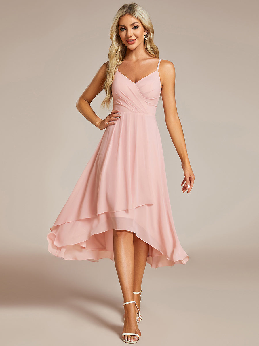 Color=Pink | Elegant A-Line Spaghetti Straps Empire Waist Asymmetrical Hem Chiffon Dresses with Pleated decoration-Pink 6