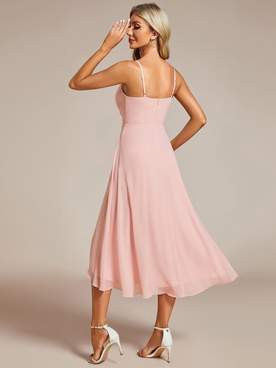 Color=Pink | Elegant A-Line Spaghetti Straps Empire Waist Asymmetrical Hem Chiffon Dresses with Pleated decoration-Pink 7