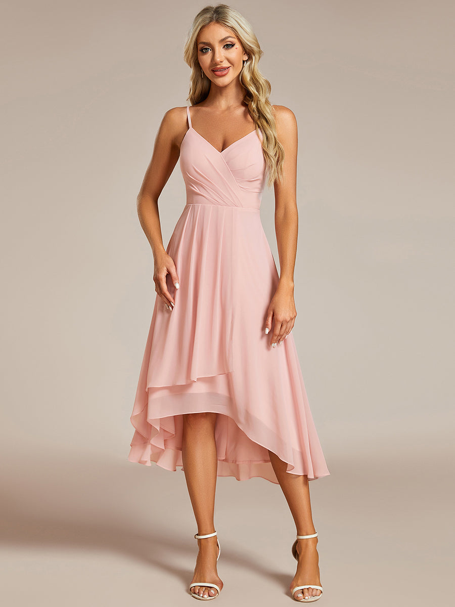 Color=Pink | Elegant A-Line Spaghetti Straps Empire Waist Asymmetrical Hem Chiffon Dresses with Pleated decoration-Pink 9