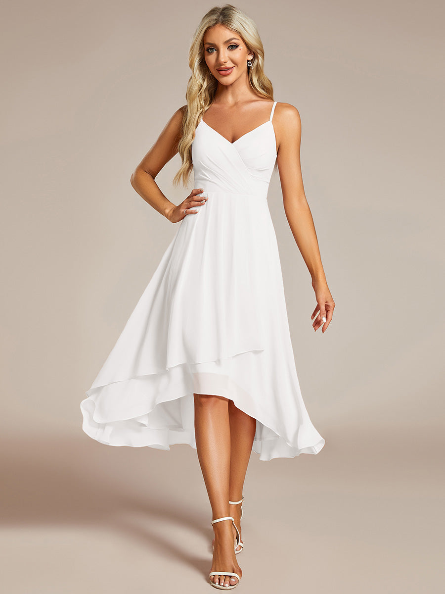 Color=White | Elegant A-Line Spaghetti Straps Empire Waist Asymmetrical Hem Chiffon Dresses with Pleated decoration-White 11