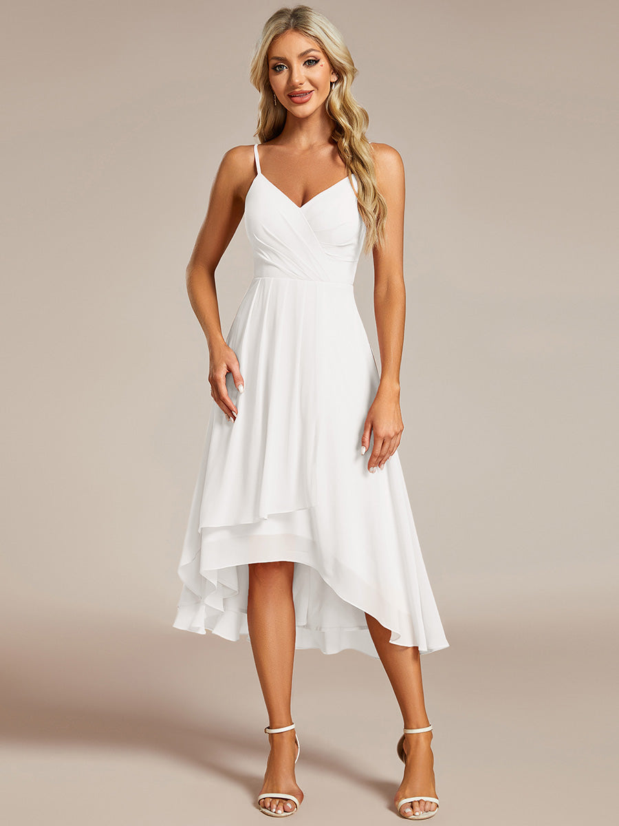 Color=White | Elegant A-Line Spaghetti Straps Empire Waist Asymmetrical Hem Chiffon Dresses with Pleated decoration-White 14