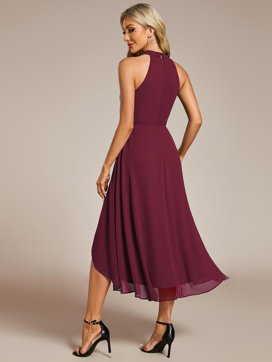 Color=Burgundy | Elegant Halter Neckline Asymmetric Midi Lining Length  fold stream Empire Waist Chiffon Dresses-Burgundy 2