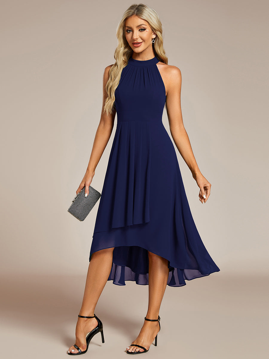 Color=Navy Blue | Elegant Halter Neckline Asymmetric Midi Lining Length  fold stream Empire Waist Chiffon Dresses-Navy Blue 16