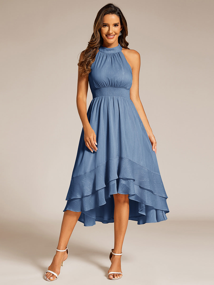 Color=Dusty Navy | Elegant laceable Halter Neckline Knee Length Chiffon Dresses Asymmetrical Lotus Hem-Dusty Navy 11