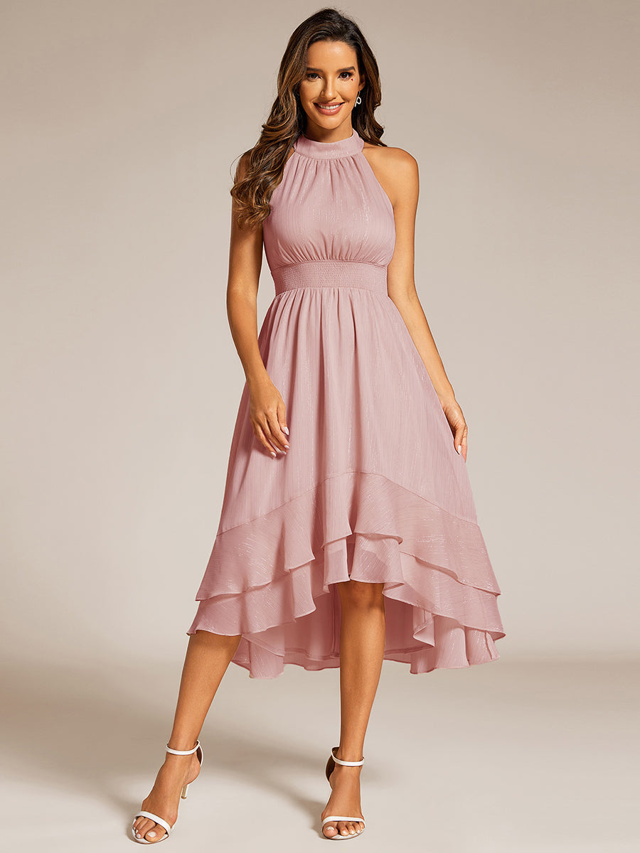 Color=Dusty Rose | Elegant laceable Halter Neckline Knee Length Chiffon Dresses Asymmetrical Lotus Hem-Dusty Rose 16