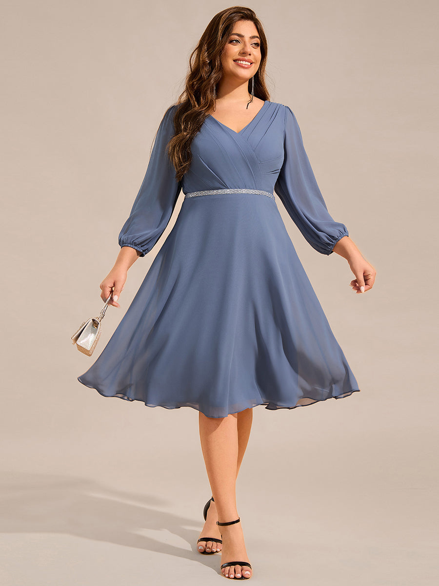 Color=Dusty Navy | Plus Size Elegant Midi Length Long Lantern Sleeves Chiffon Wedding Guest Dresses-Dusty Navy 1