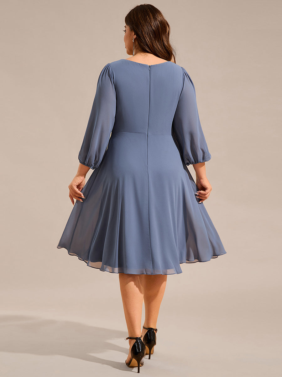 Color=Dusty Navy | Plus Size Elegant Midi Length Long Lantern Sleeves Chiffon Wedding Guest Dresses-Dusty Navy 2