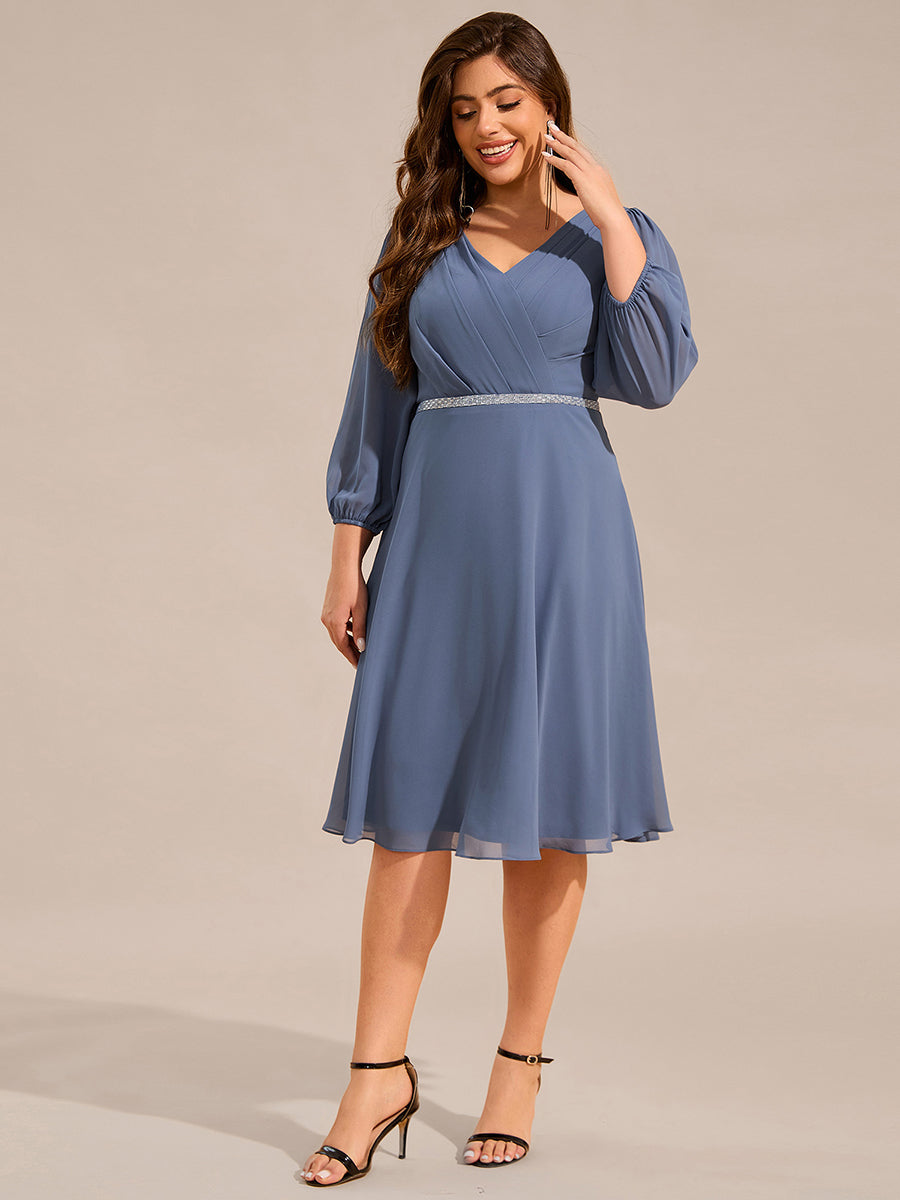 Color=Dusty Navy | Plus Size Elegant Midi Length Long Lantern Sleeves Chiffon Wedding Guest Dresses-Dusty Navy 3