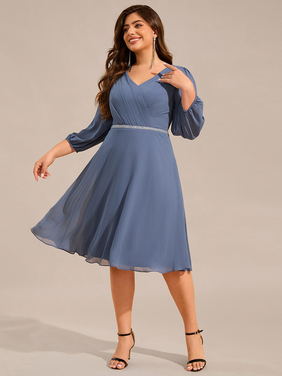 Color=Dusty Navy | Plus Size Elegant Midi Length Long Lantern Sleeves Chiffon Wedding Guest Dresses-Dusty Navy 4