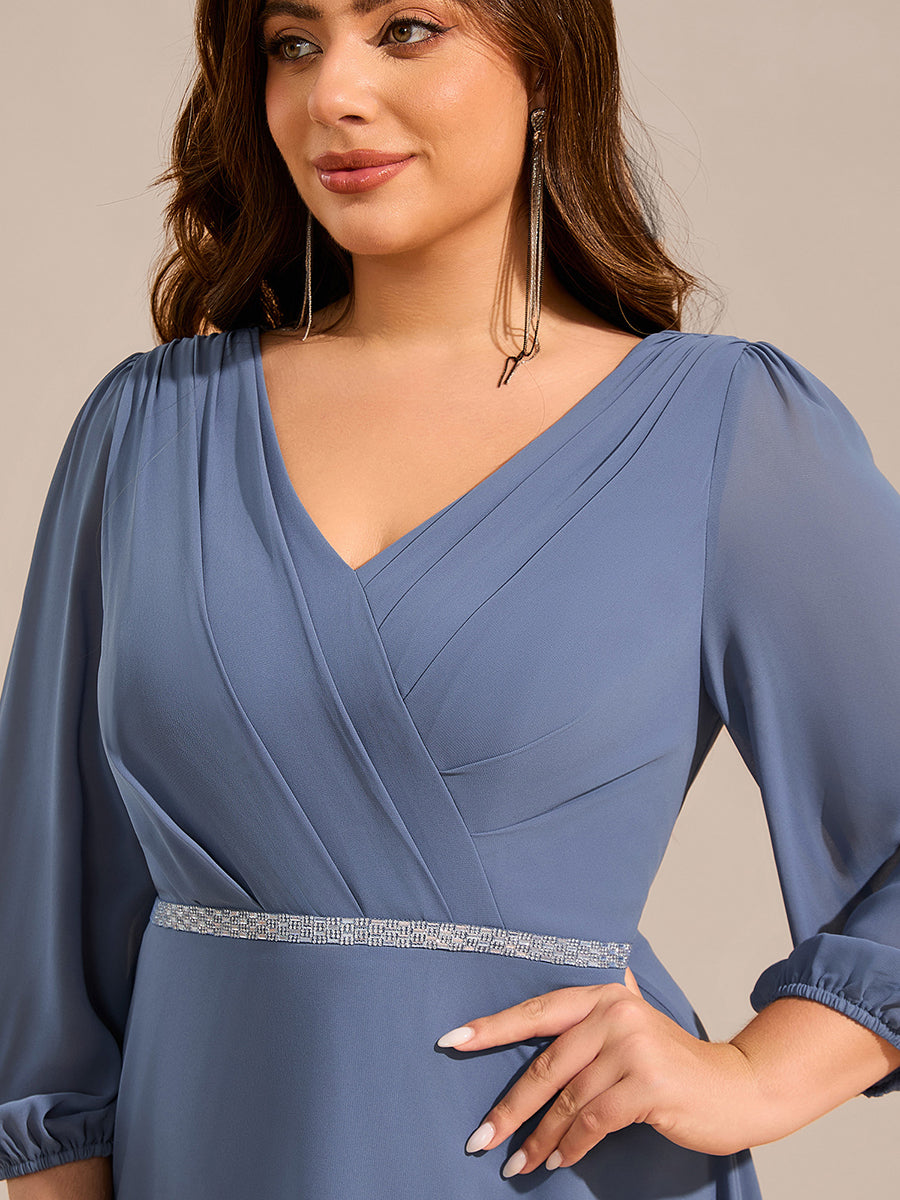 Color=Dusty Navy | Plus Size Elegant Midi Length Long Lantern Sleeves Chiffon Wedding Guest Dresses-Dusty Navy 5